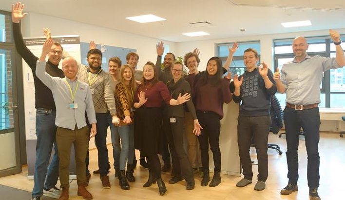 Cerebriu Celebrates receiving CE-mark. Group photo containing members of the Cerebriu team raising their hands and smiling in celebration of the CE-marking